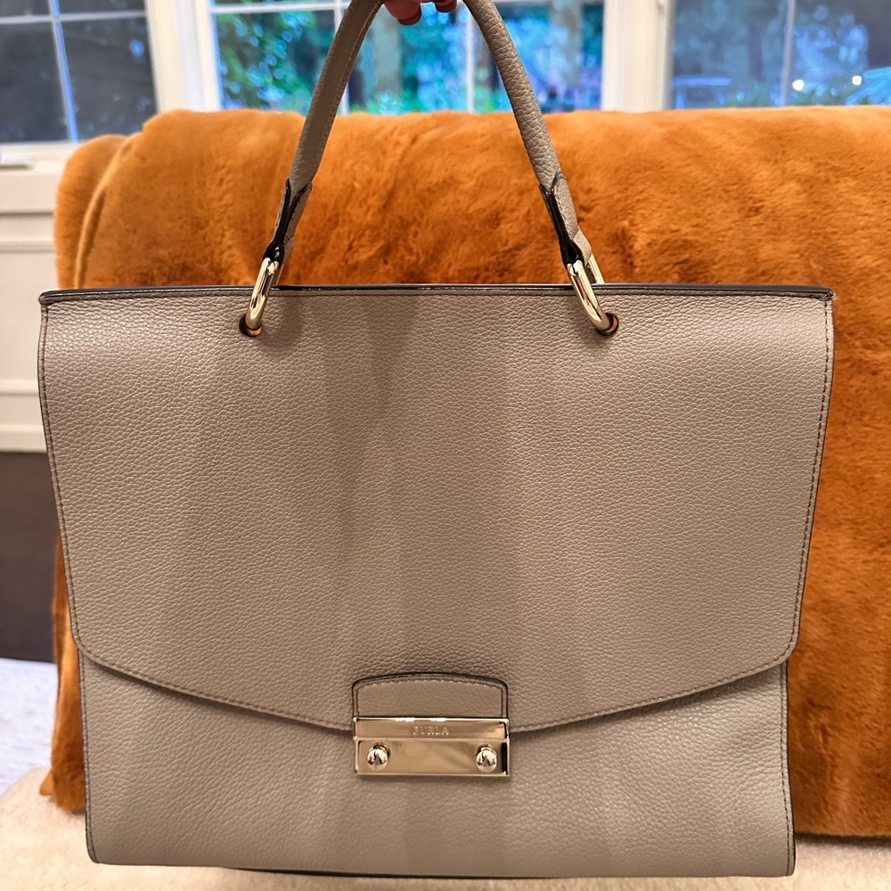 FURLA Grey Julia M Top Handle 2WAY Bag Handbag One Shoulder Leather